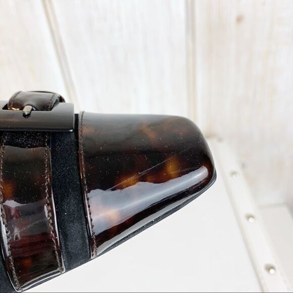 Stuart Weitzman Black Suede Low Heels Tortoise  Patent Toe Cap 8 Narrow - Picture 3 of 13